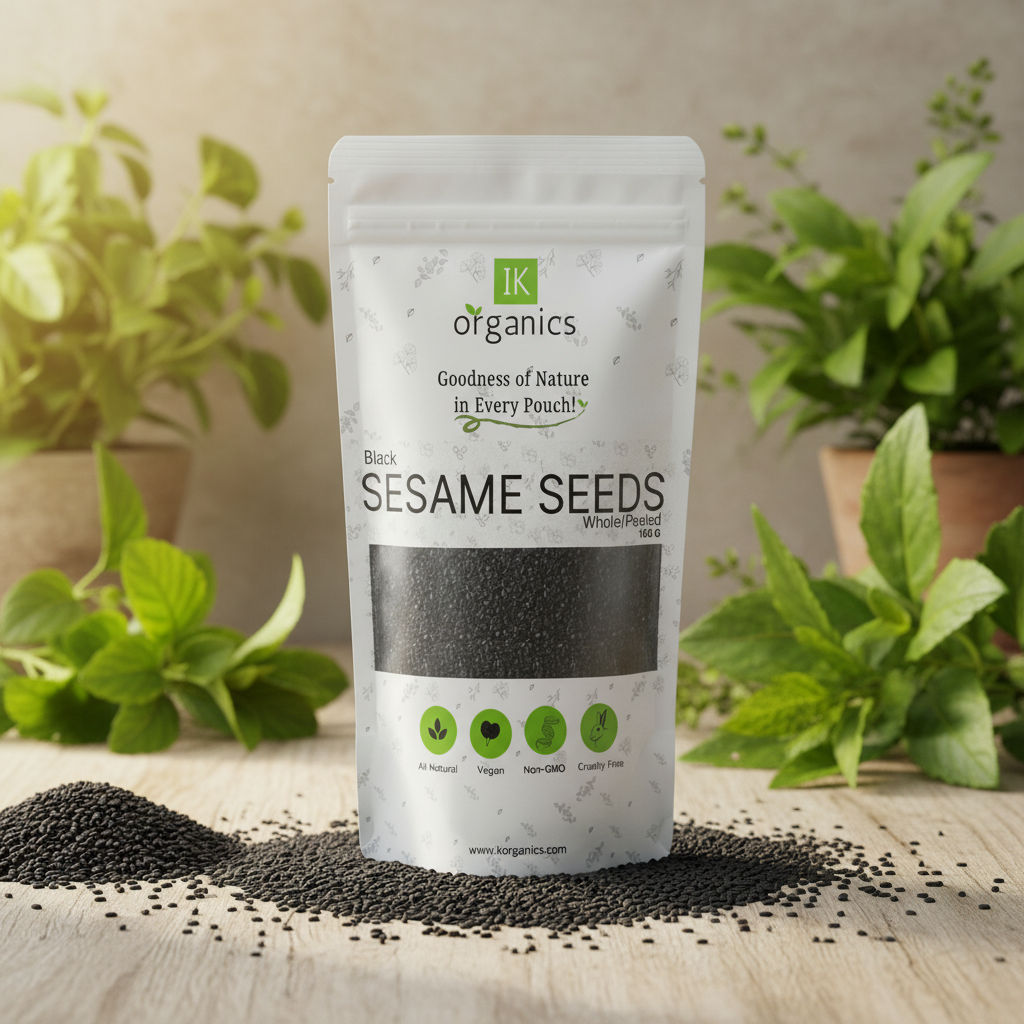 Bag of IK Organics black sesame seeds on a natural background