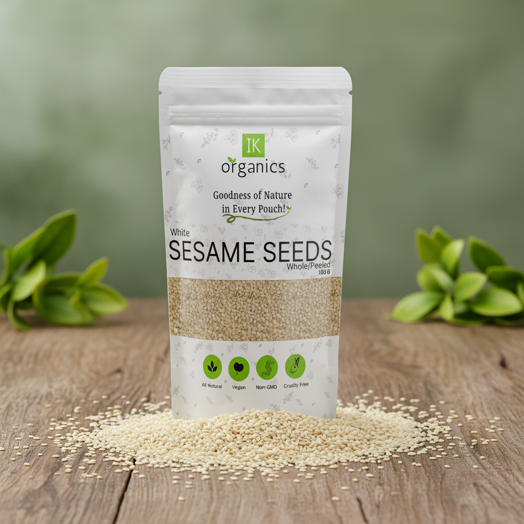 Bag of IK Organics sesame seeds on a white background