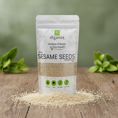 Bag of IK Organics sesame seeds on a white background