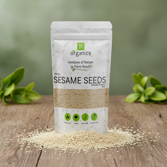 Bag of IK Organics sesame seeds on a white background