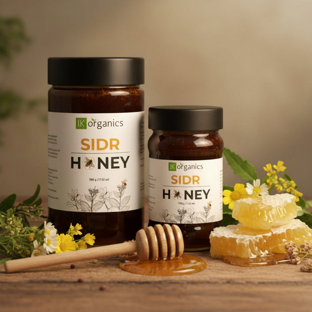 Sidr Beri Honey jars with dip stick 500g and 250g by IK Organics
