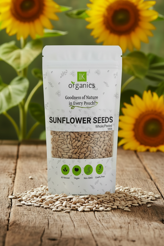 Bag of IK Organics sunflower seeds on a white background