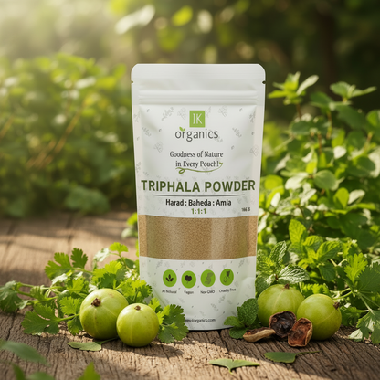 Package of Triphala Powder by IK Organics on a natural background
