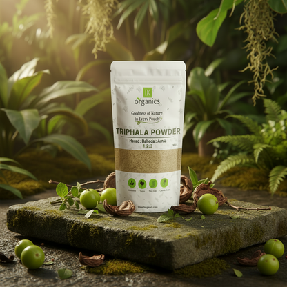 Package of Triphala Powder by IK Organics on a natural background