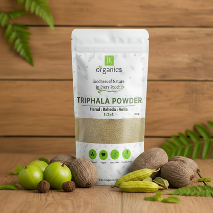 Package of Triphala Powder by IK Organics on a natural background