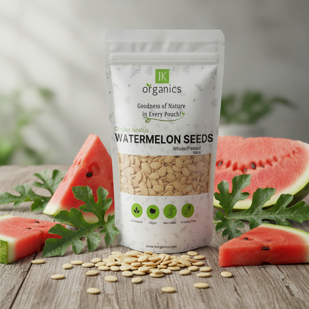 Package of IK Organics watermelon seeds on a white background
