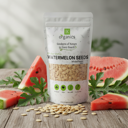 Package of IK Organics watermelon seeds on a white background