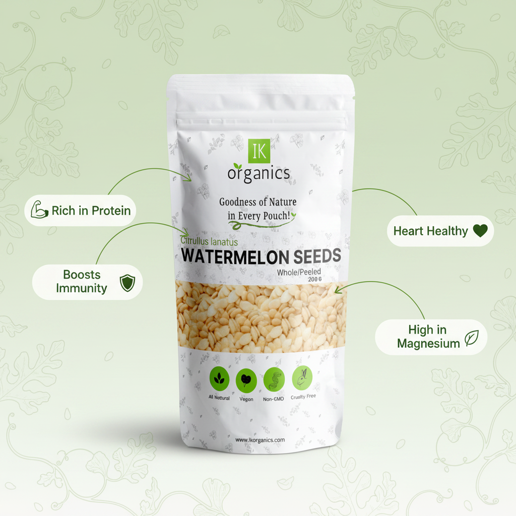 A package of IK Organics watermelon seeds showing benefits of seeds