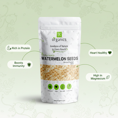 A package of IK Organics watermelon seeds showing benefits of seeds