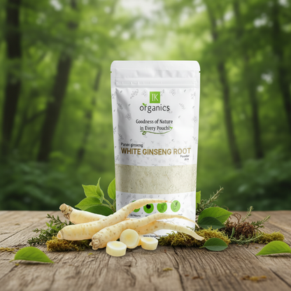 white ginseng root powder pouch on a wooden table with natural background