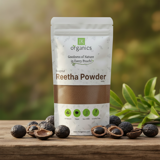 Package of Reetha Powder by IK Organics on a natural background
