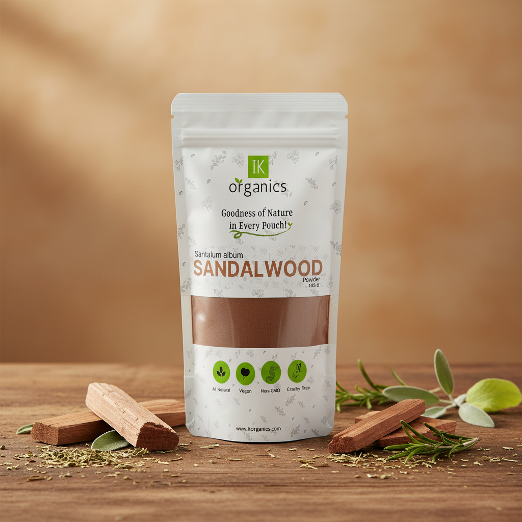 Sandalwood product packaging with IK Organics branding on a natural background