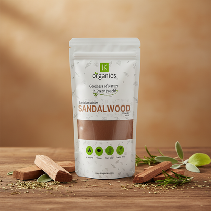 Sandalwood product packaging with IK Organics branding on a natural background