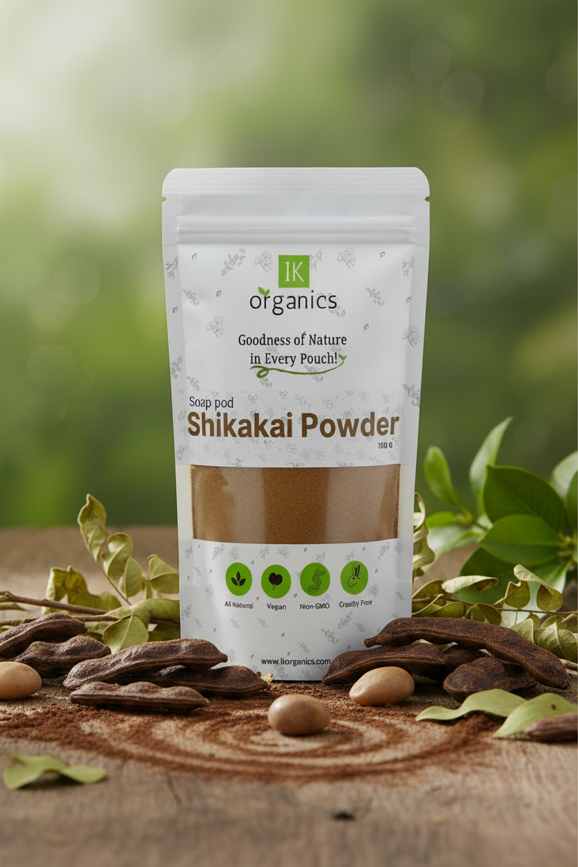 Package of Shikakai Powder by IK Organics on a natural background